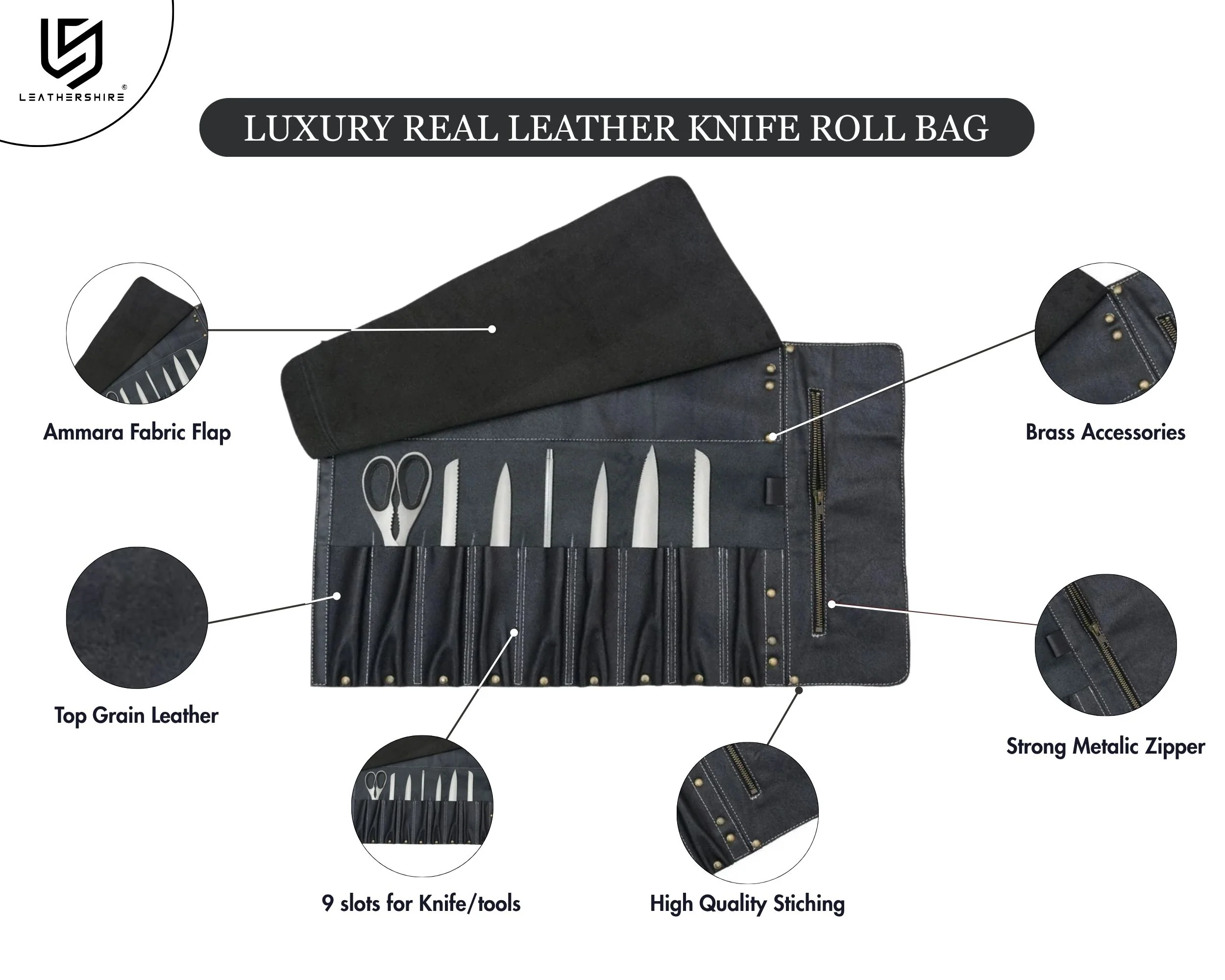 The Devon Full Grain 10 Pocket Handmade Taiga Leather Knife Roll - Image 6