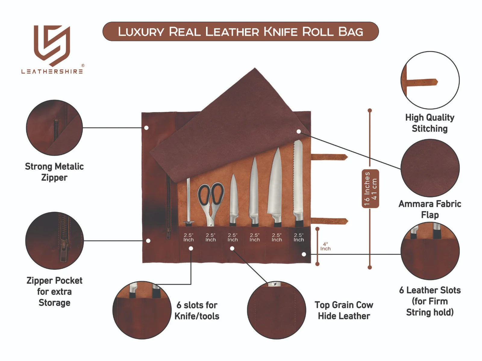 The Dorset 6 Pocket Full Grain Handmade Leather Knife Roll - Image 19