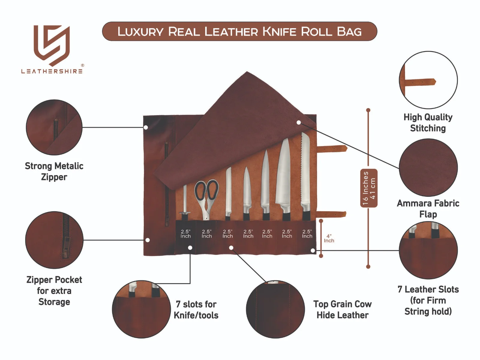 The Northamptonshire 7 Pocket Full Grain Handmade Leather Knife Roll - Image 13