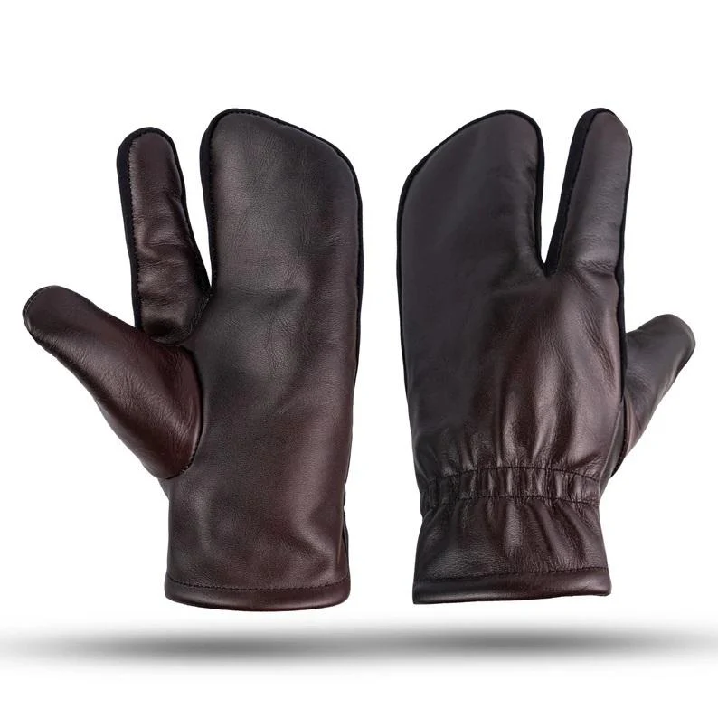 Brown Leather Mitts with Leather Cap Gift Set - Image 2