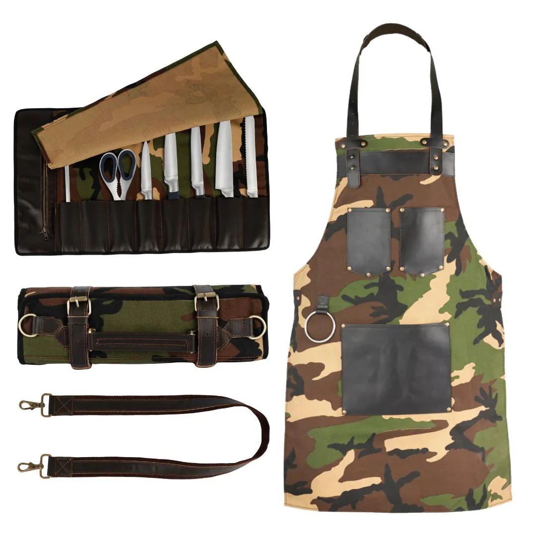 Chef Camo Green Leather apron and Roll Gift Set