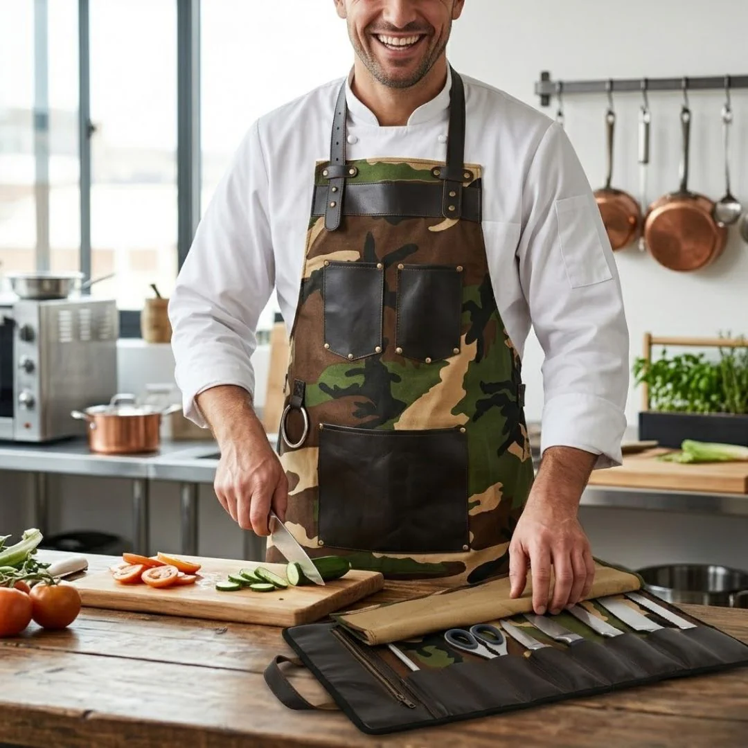 Chef Camo Green Leather apron and Roll Gift Set - Image 2