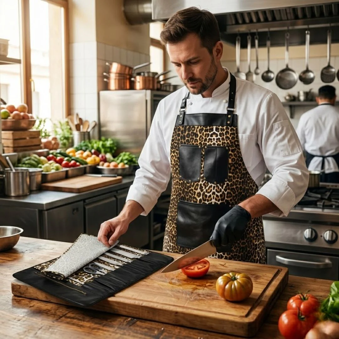 Chef Leopard Leather apron and Roll Gift Set - Image 2