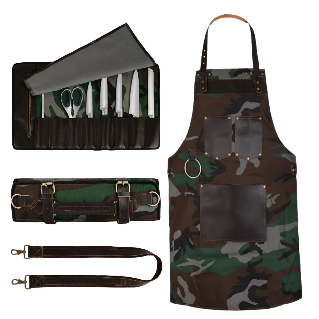 Chef Camo Dark Brown Leather apron and Roll Gift Set