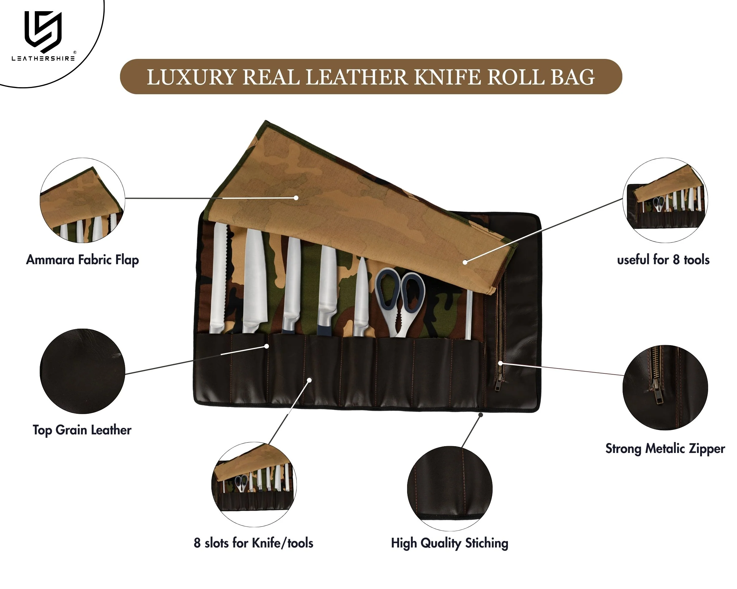 Chef Camo Dark Brown Leather apron and Roll Gift Set - Image 13