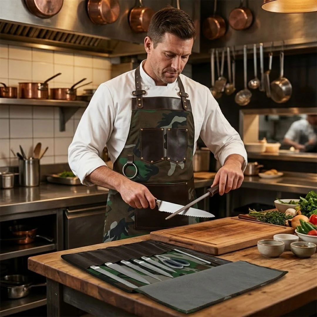 Chef Camo Dark Brown Leather apron and Roll Gift Set - Image 2
