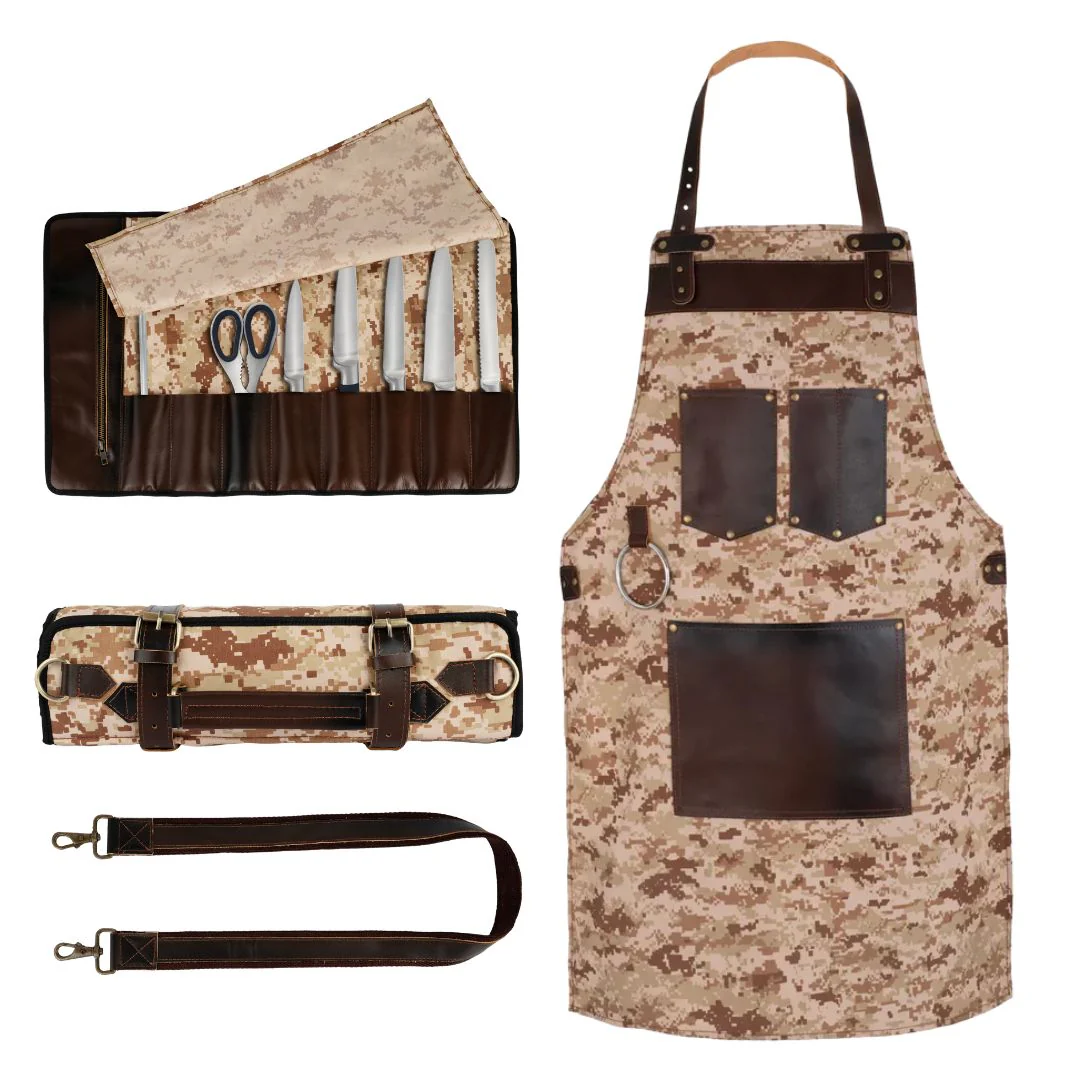 Chef Camo Tan Brown Leather apron and Roll Gift Set