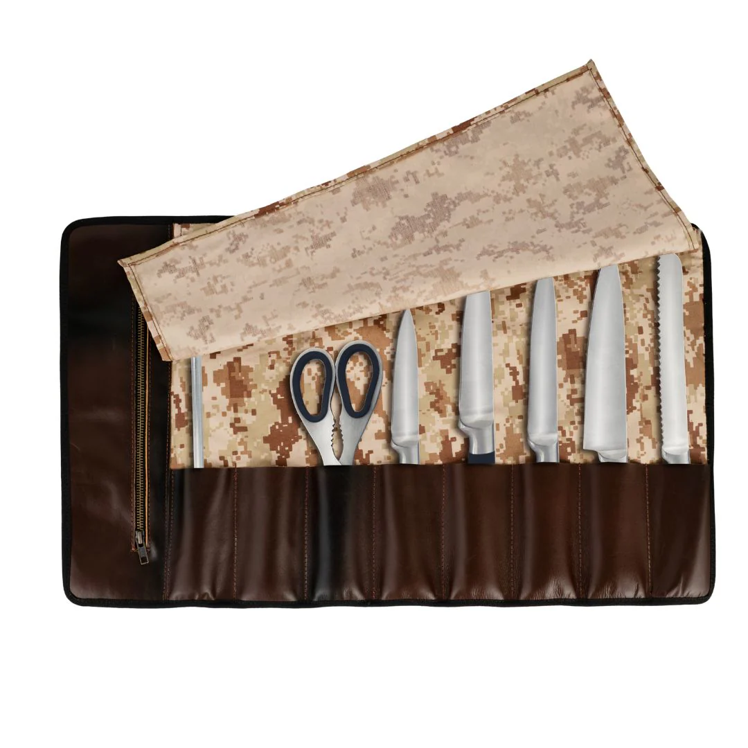 Chef Camo Tan Brown Leather apron and Roll Gift Set - Image 11