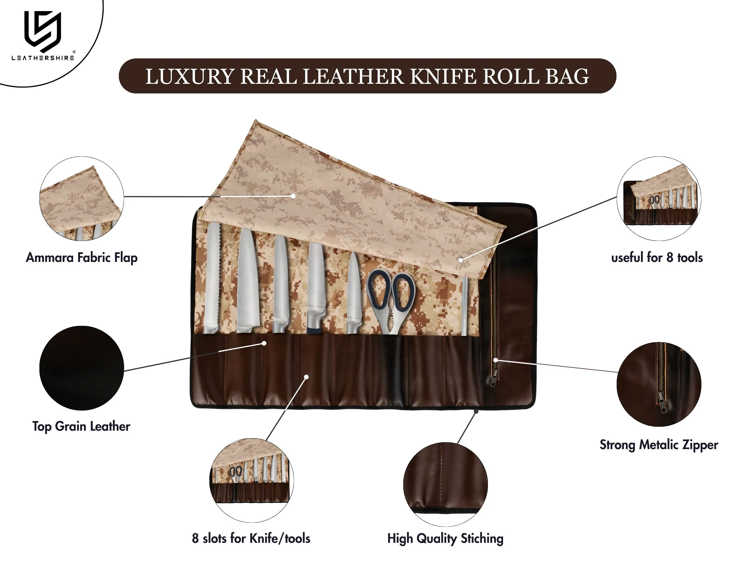 Chef Camo Tan Brown Leather apron and Roll Gift Set - Image 12