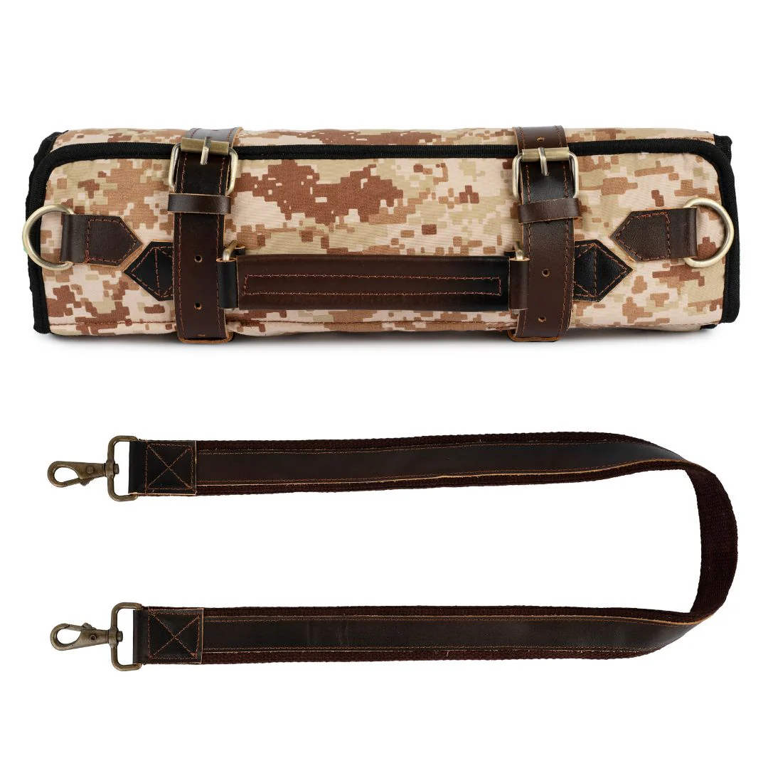 Chef Camo Tan Brown Leather apron and Roll Gift Set - Image 13