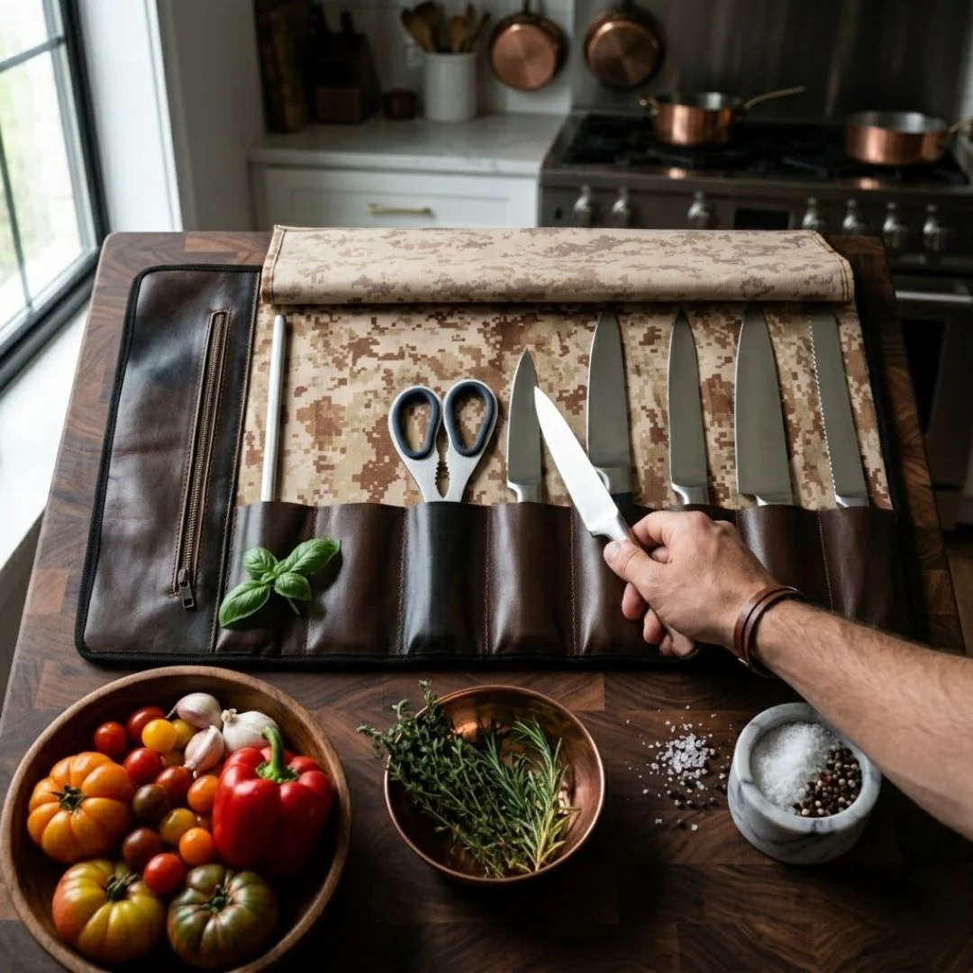 Chef Camo Tan Brown Leather apron and Roll Gift Set - Image 15