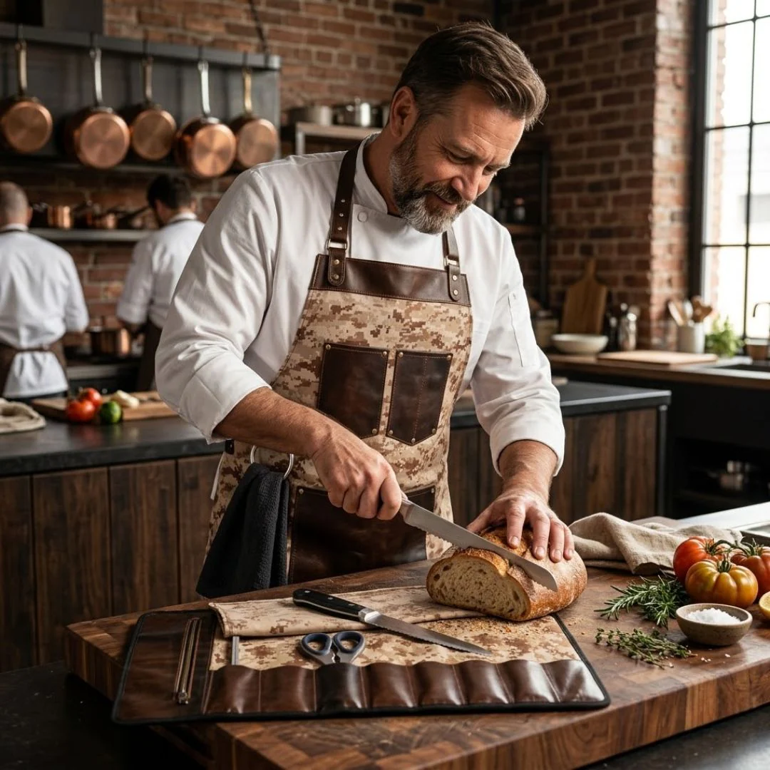 Chef Camo Tan Brown Leather apron and Roll Gift Set - Image 2