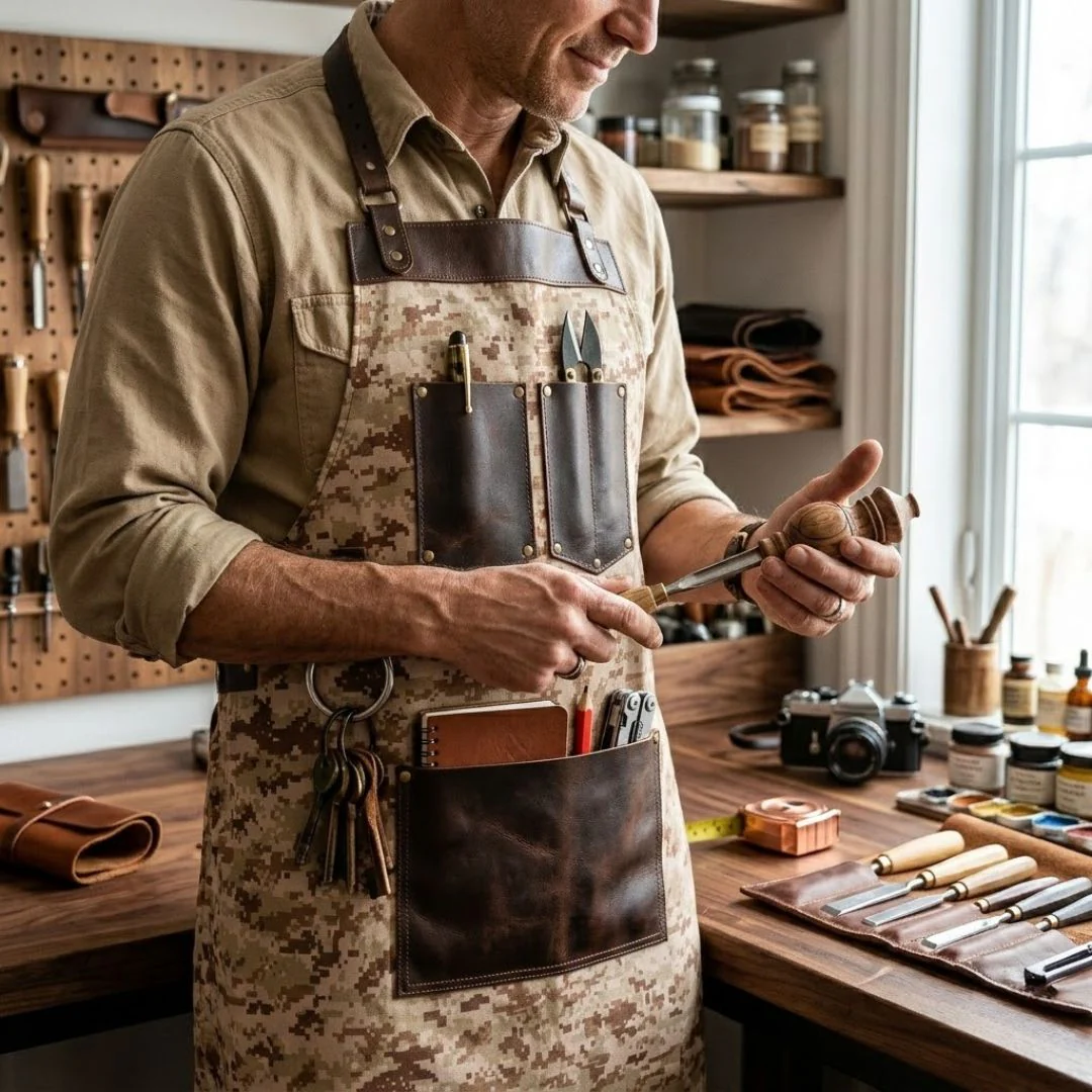 Chef Camo Tan Brown Leather apron and Roll Gift Set - Image 4