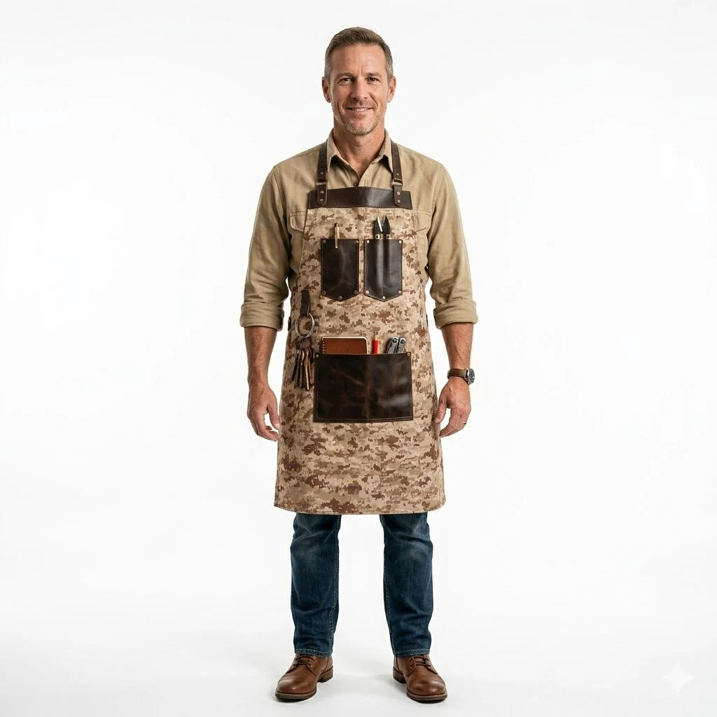 Chef Camo Tan Brown Leather apron and Roll Gift Set - Image 7