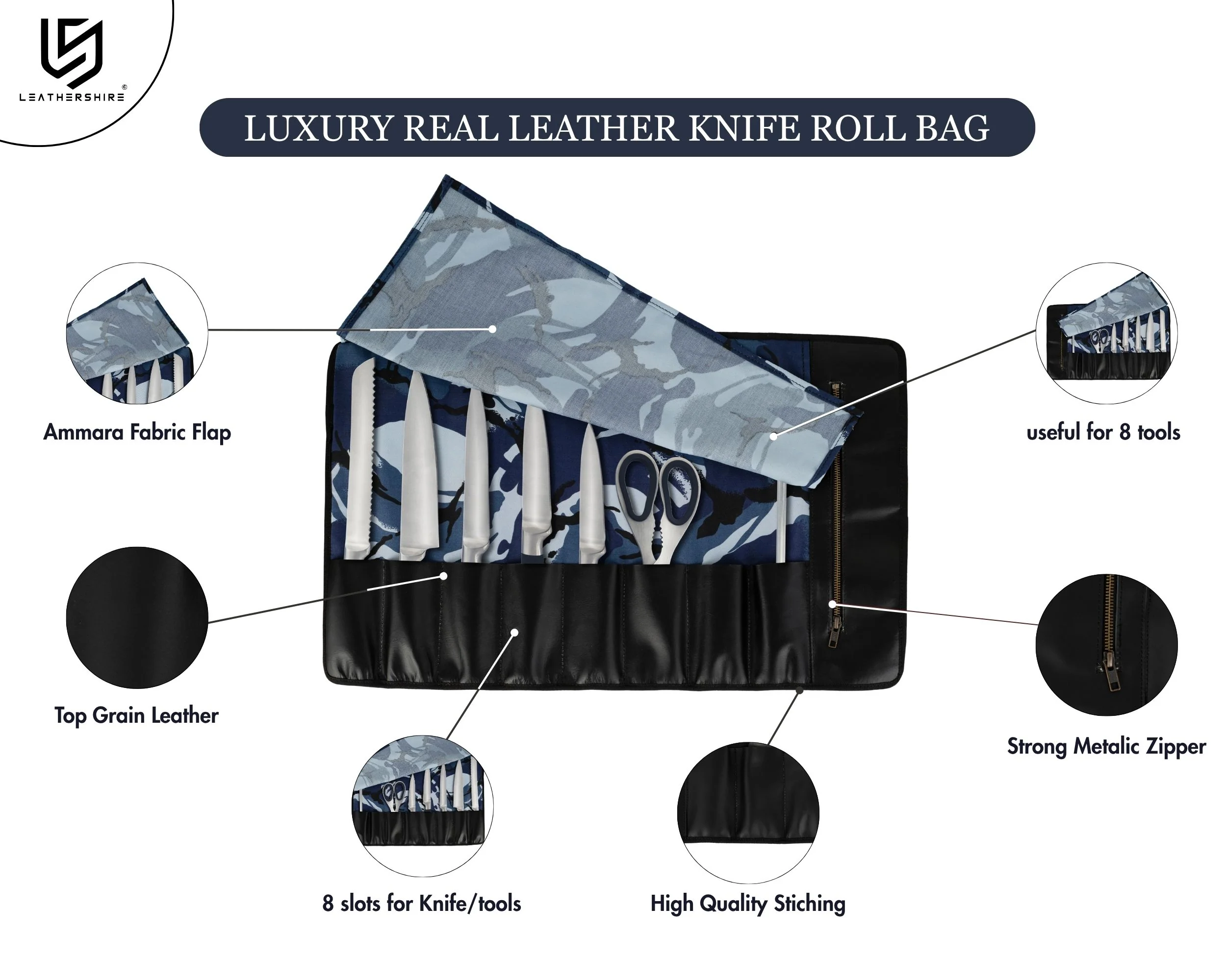 Chef Camo Blue Leather apron and Roll Gift Set - Image 13