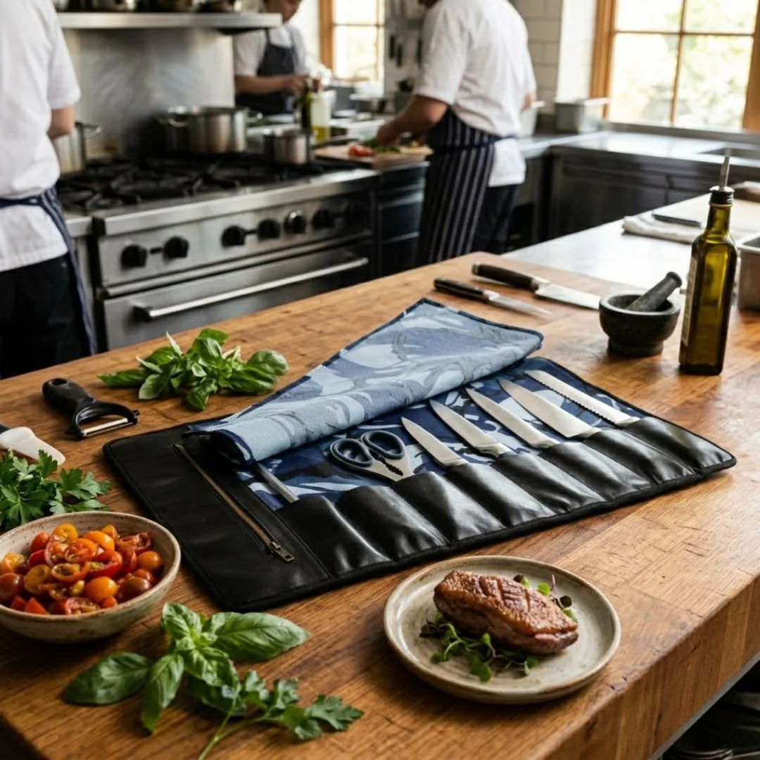 Chef Camo Blue Leather apron and Roll Gift Set - Image 14
