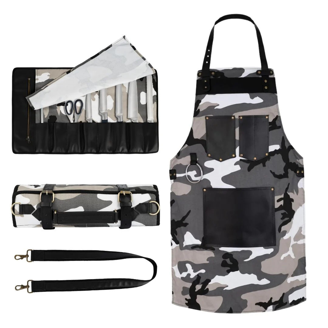 Chef Camo Grey Leather apron and Roll Gift Set