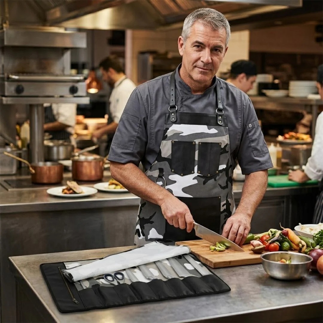 Chef Camo Grey Leather apron and Roll Gift Set - Image 2