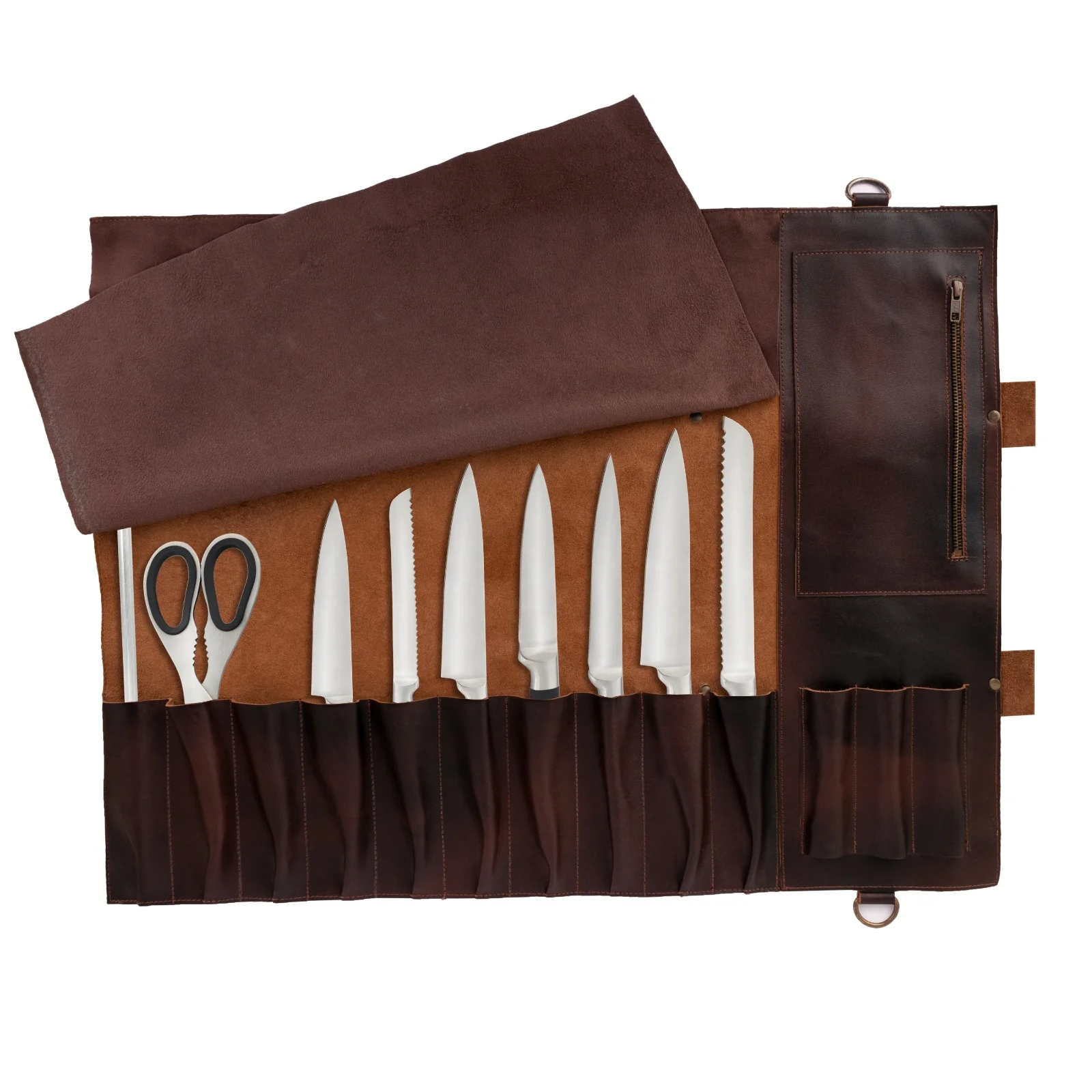 Dark brown Leather apron and Roll with Leather Mitts & Cap Gift Set - Chef Gift Set - Image 9