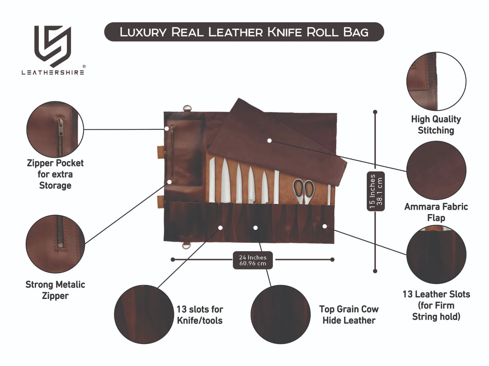 The Bedfordshire Full Grain 11 Pocket Handmade Distressed Brown Leather knife Roll - Image 3