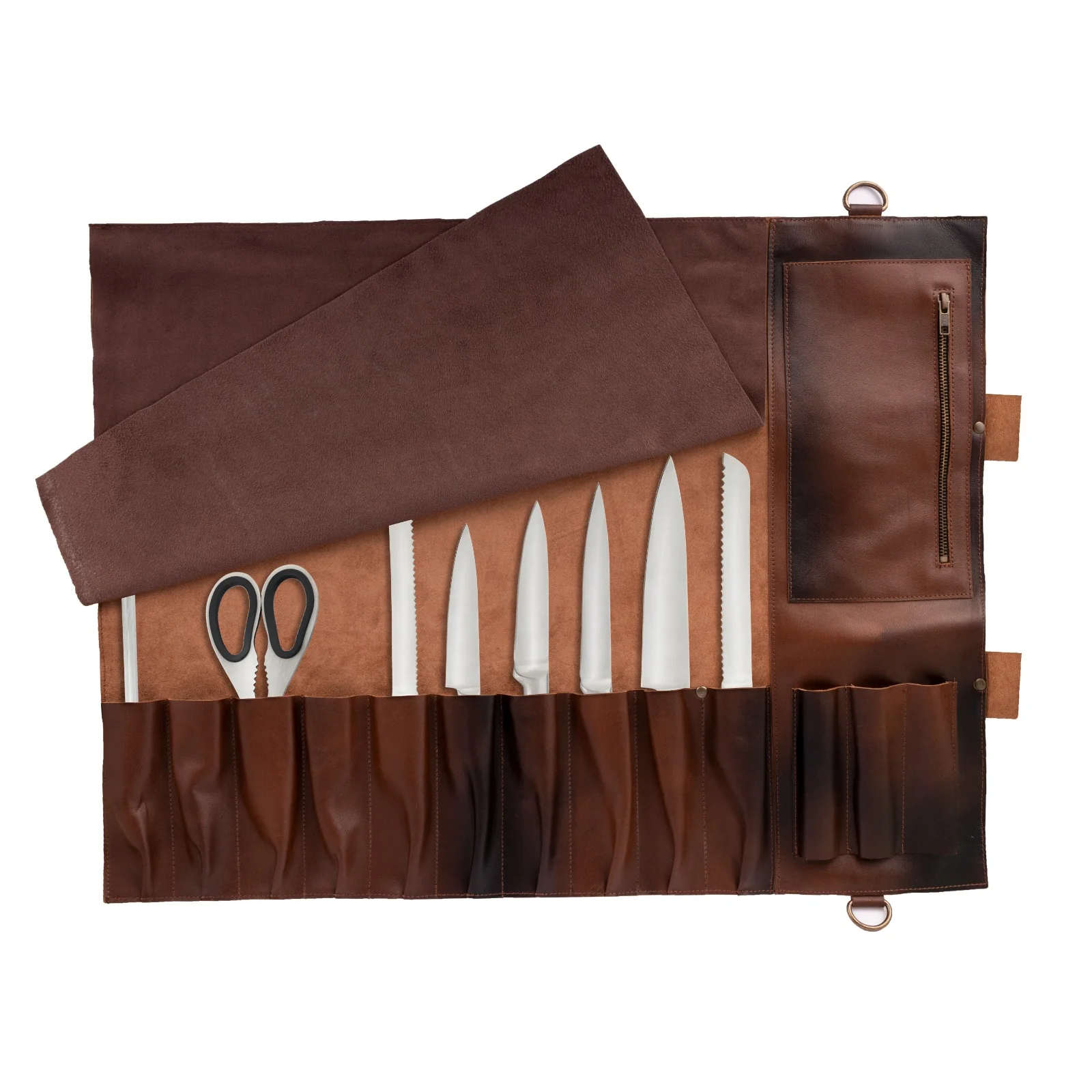 The Bedfordshire Full Grain 11 Pocket Handmade Distressed Brown Leather knife Roll - Image 4