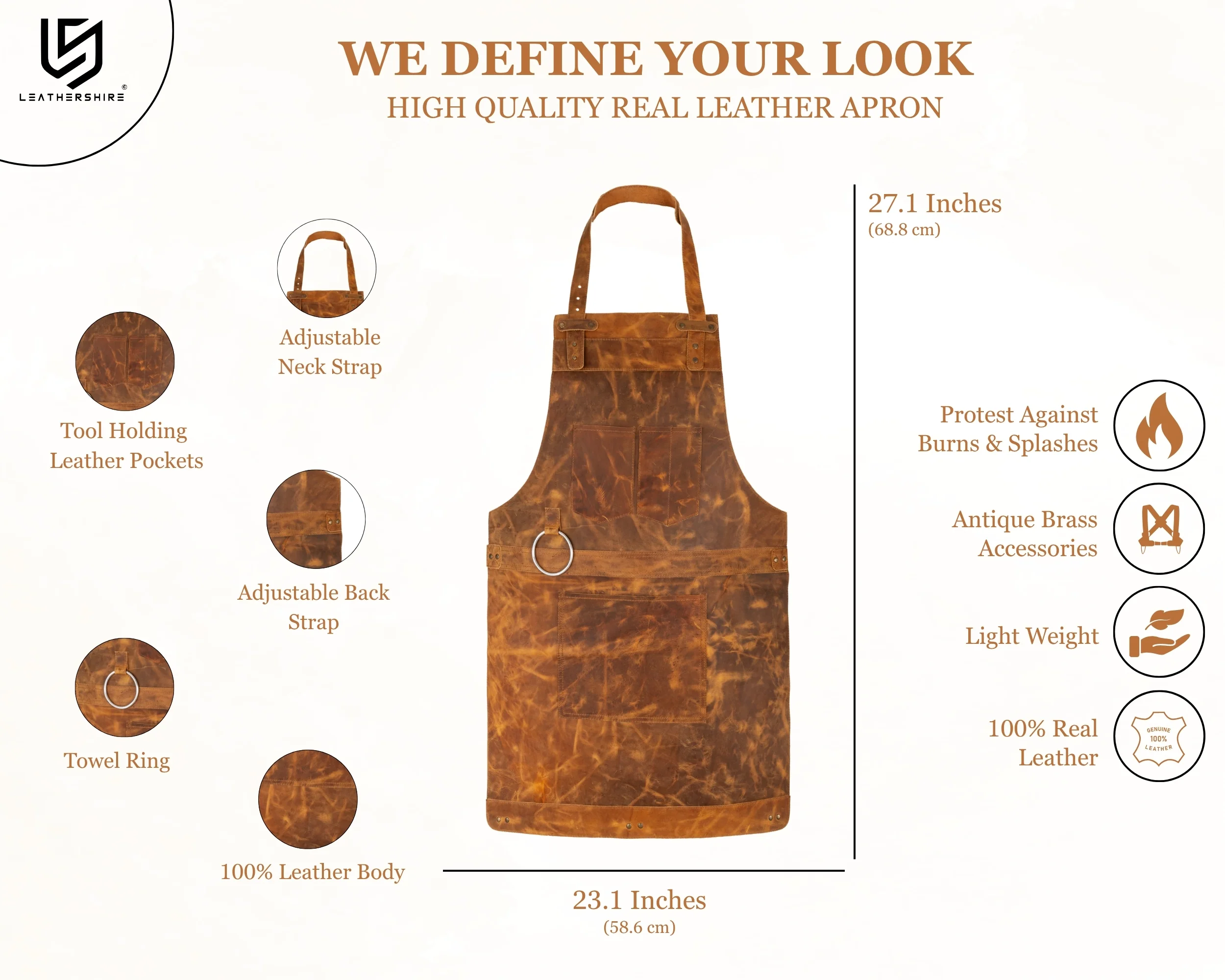 Tan Brown Crazy Horse Pull up Leather apron - Image 2