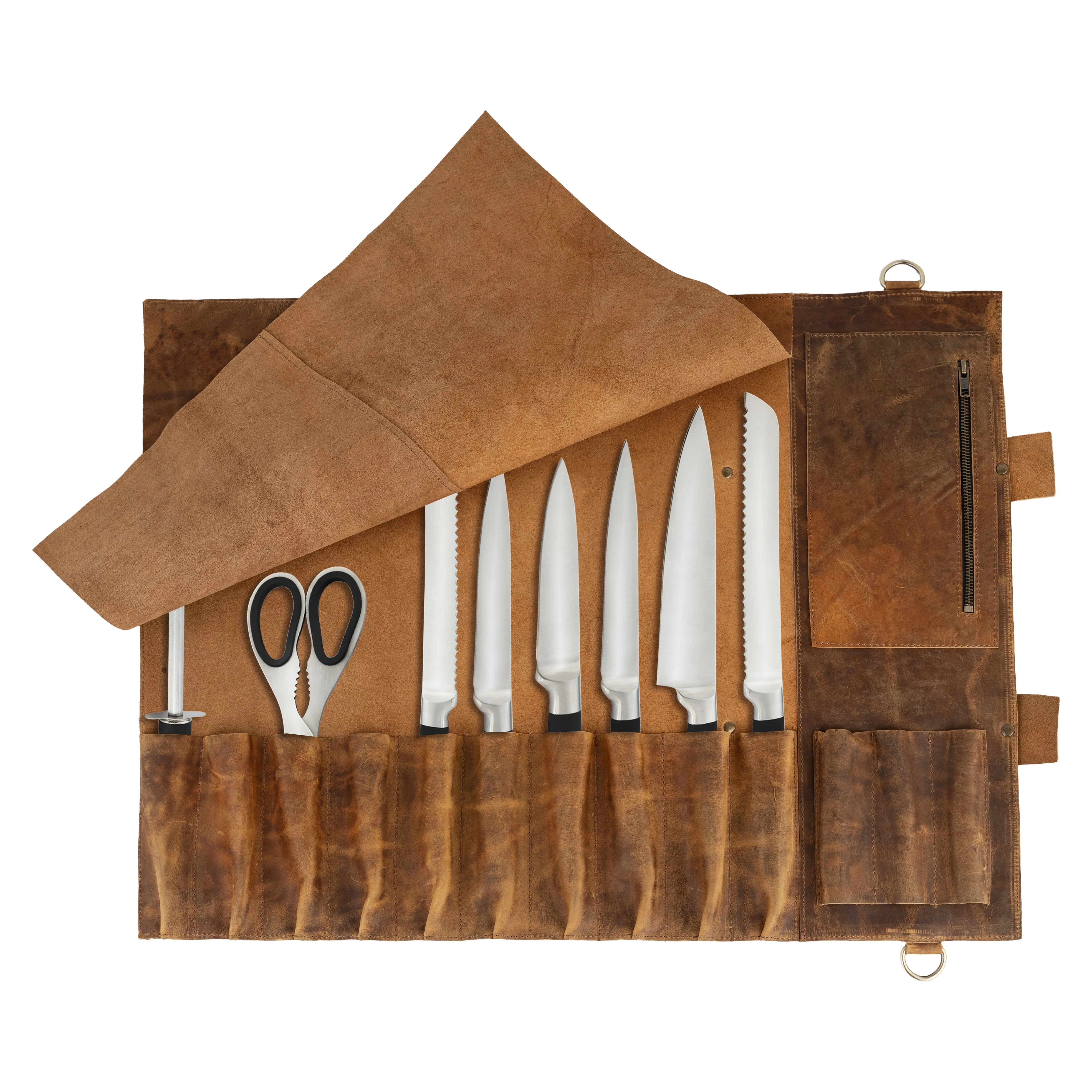 Tan Brown Leather Crossbody apron and Roll Gift Set - Image 11