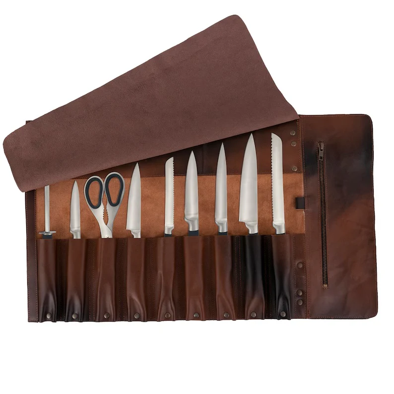 The Hertfordshire Full Grain Cognac Brown 10 Pocket Handmade Leather Knife Roll - Image 2