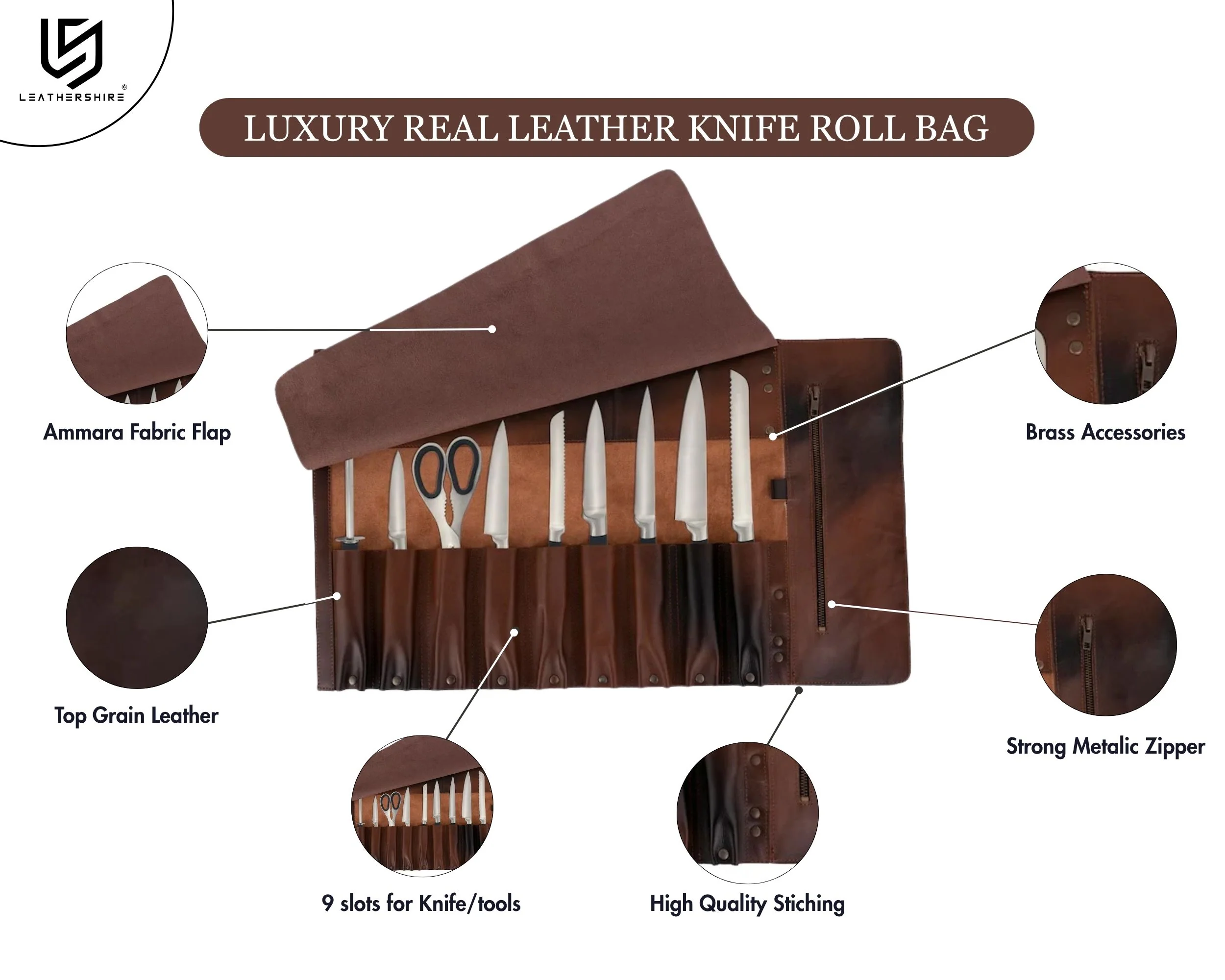 The herefordshire Dark Brown Full Grain 10 Pocket Handmade Leather Knife Roll - Image 7