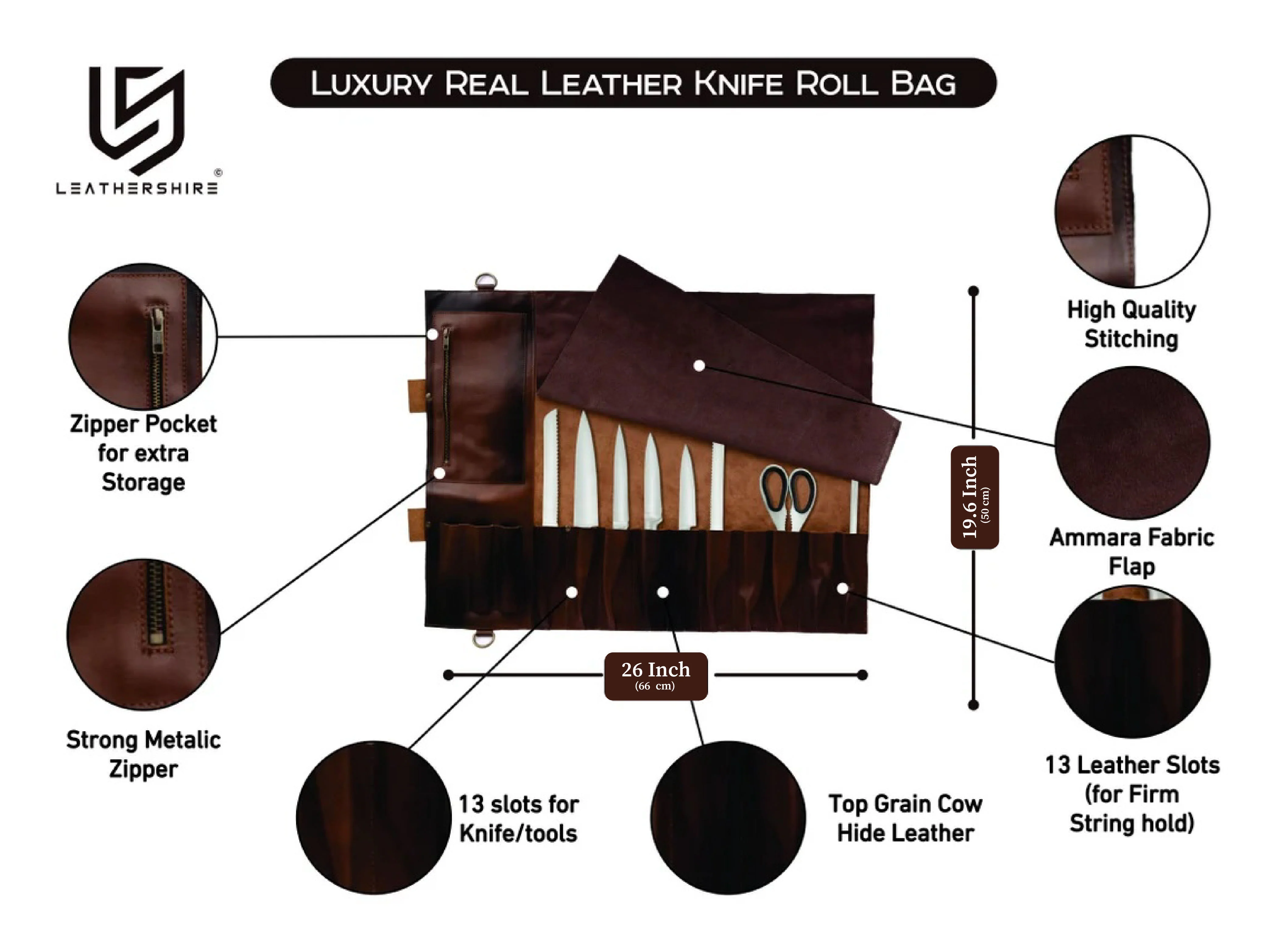 The Northumberland Full Grain 11 Pocket Handmade Dark Brown Leather Knife Roll - Image 5
