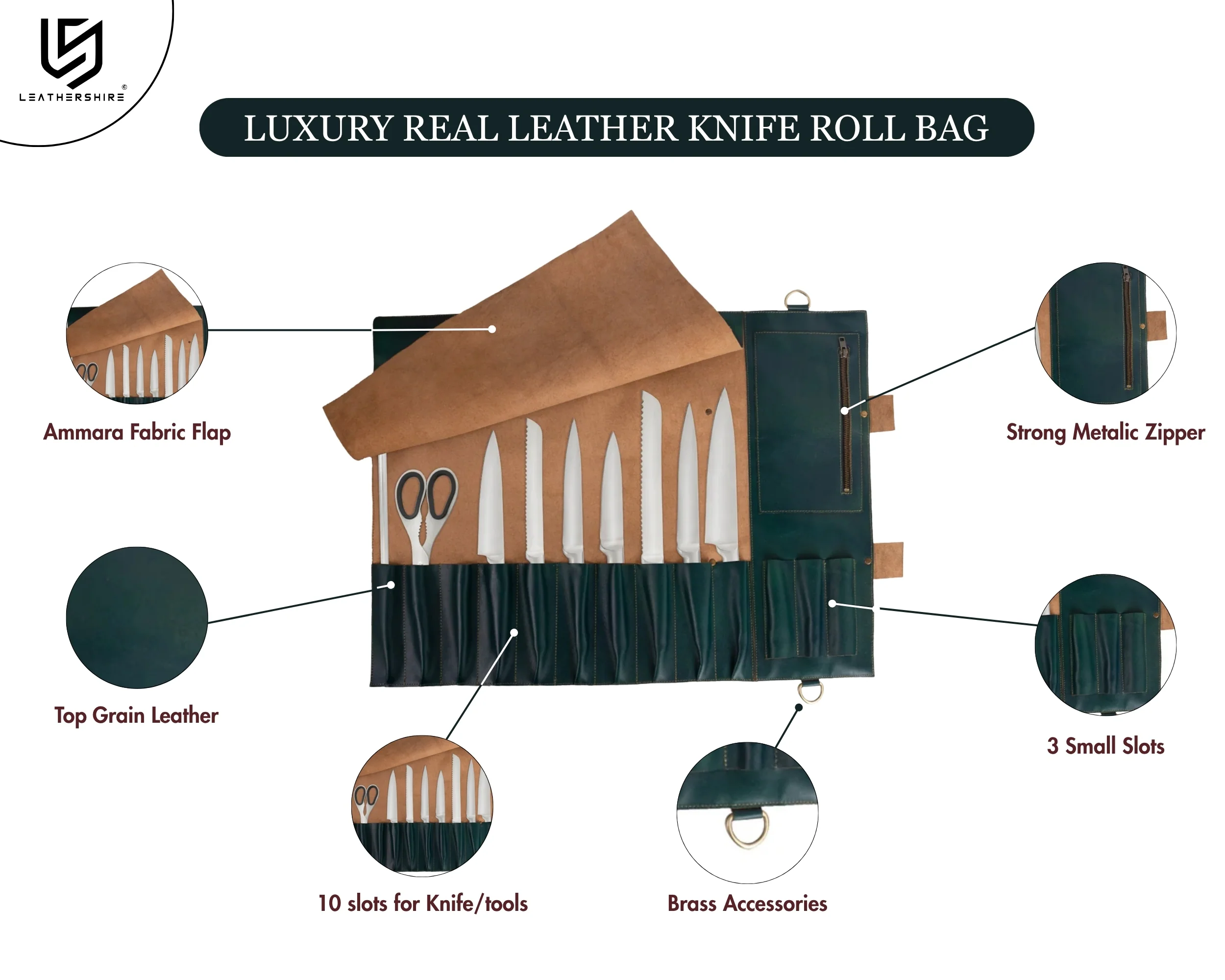 The Oxfordshire Full Grain 11 Pocket Handmade Green Leather Knife Roll - Image 5