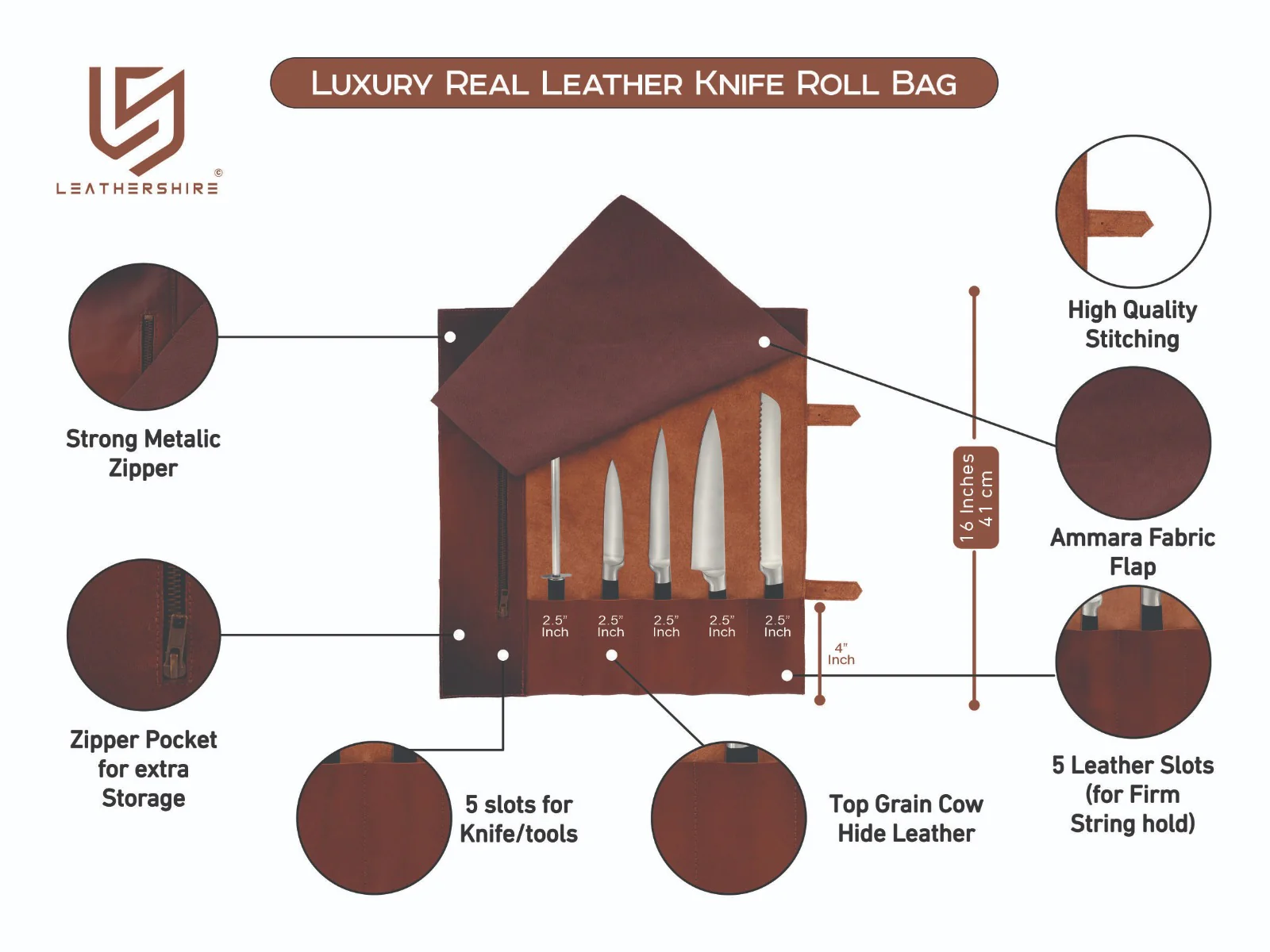 The Berkshire Full Grain Handmade Cognac Brown Leather Knife Roll - Image 10