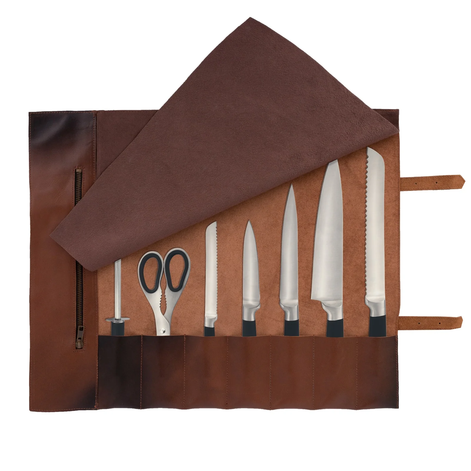 The Berkshire Full Grain Handmade Cognac Brown Leather Knife Roll - Image 15