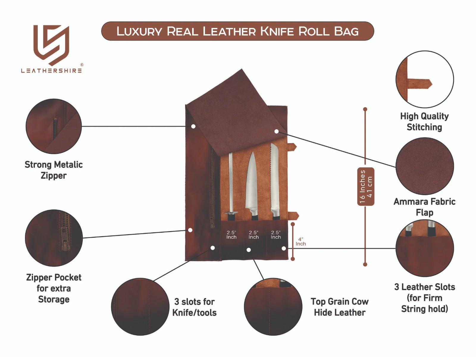 The Berkshire Full Grain Handmade Cognac Brown Leather Knife Roll - Image 4
