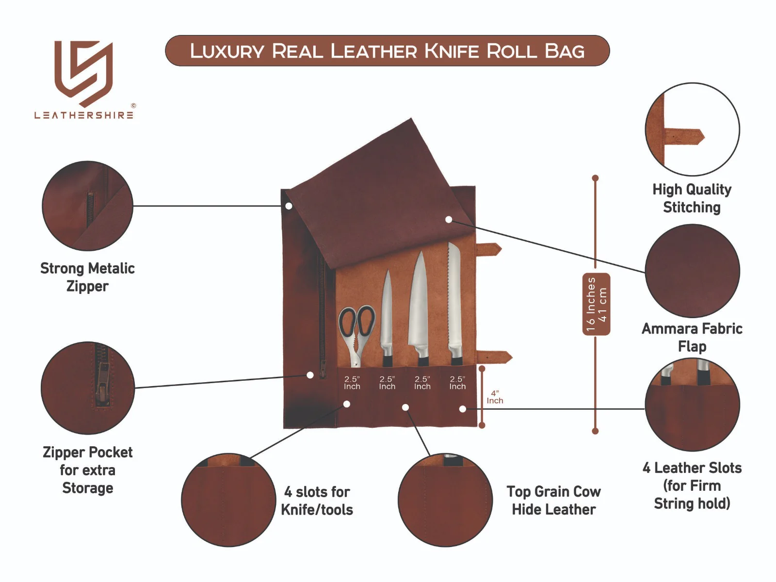 The Berkshire Full Grain Handmade Cognac Brown Leather Knife Roll - Image 7