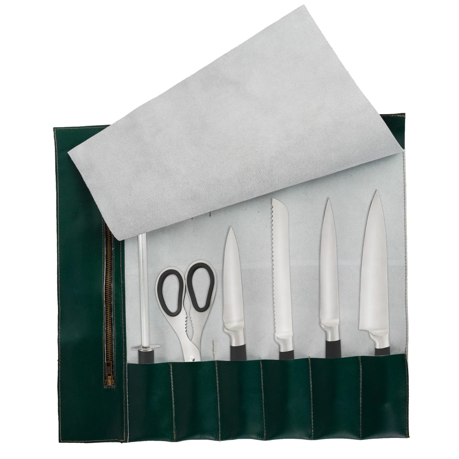The Buckinghamshire Handmade Olive Green Leather Chef Roll - Image 12