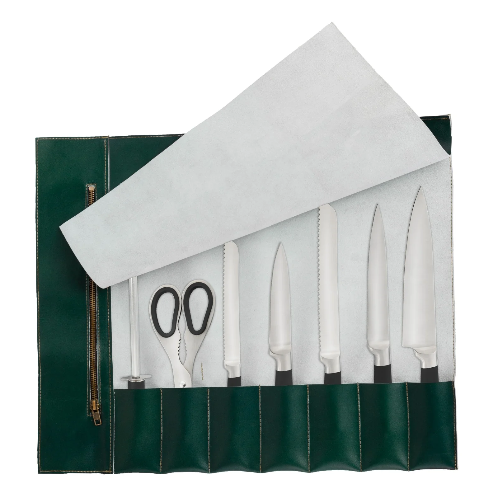 The Buckinghamshire Handmade Olive Green Leather Chef Roll - Image 15