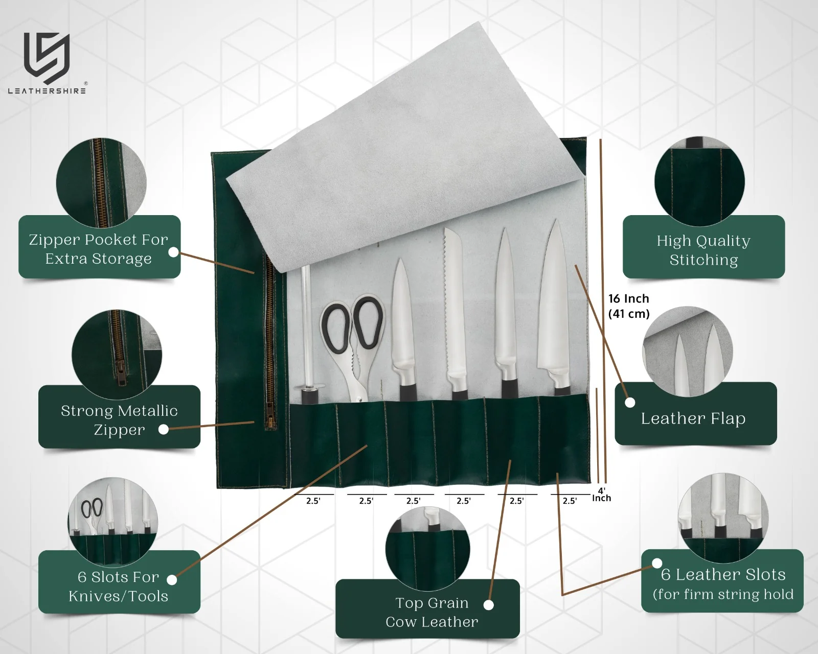 The Buckinghamshire Handmade Olive Green Leather Chef Roll - Image 16