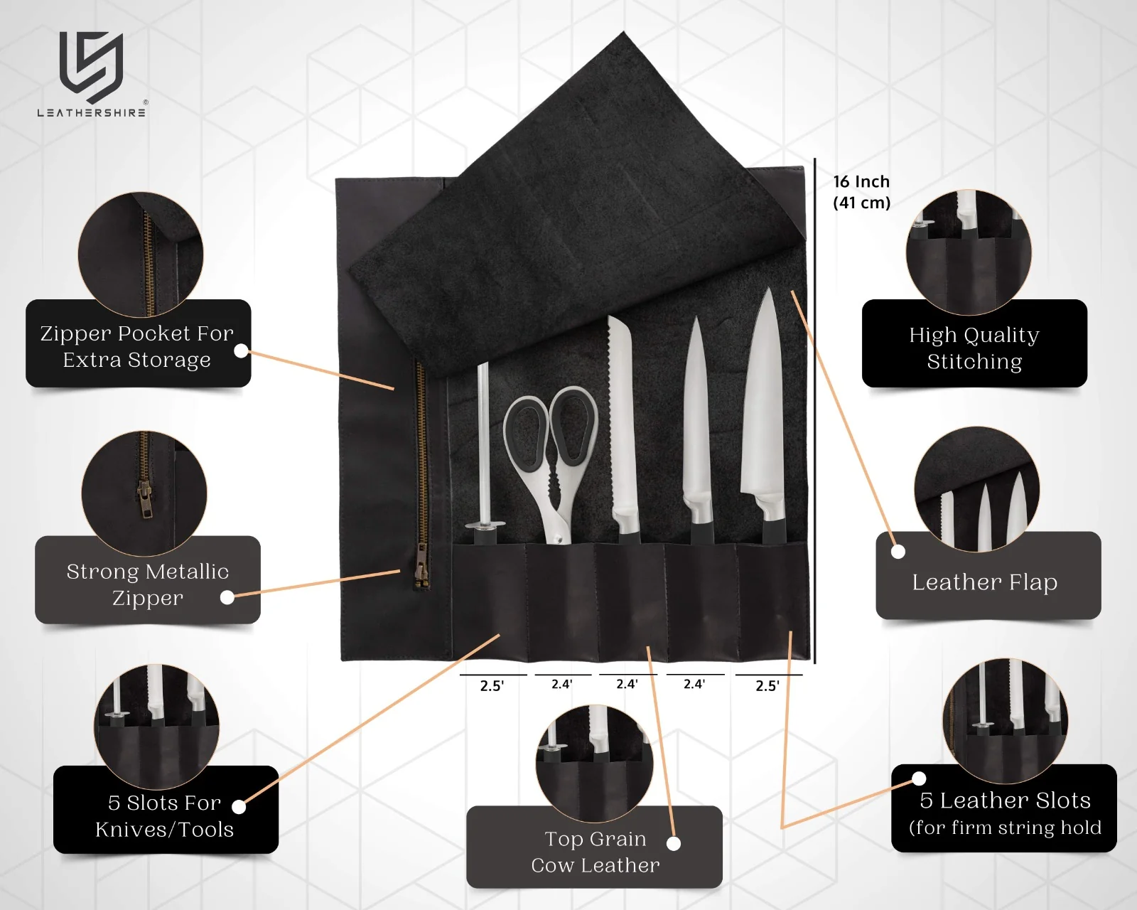 The Riding Full Grain Handmad Black Leather Knife Roll - Image 10