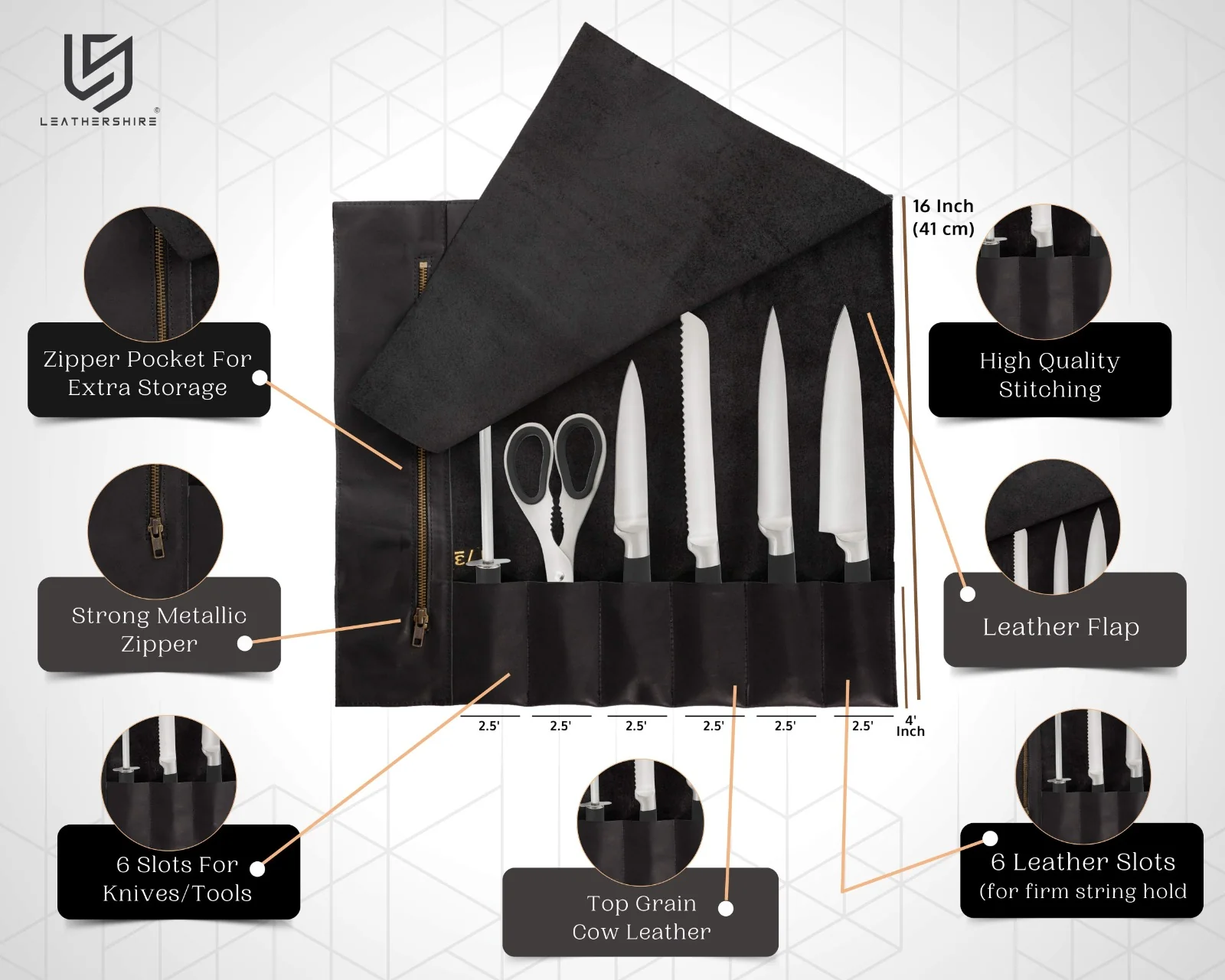 The Riding Full Grain Handmad Black Leather Knife Roll - Image 13