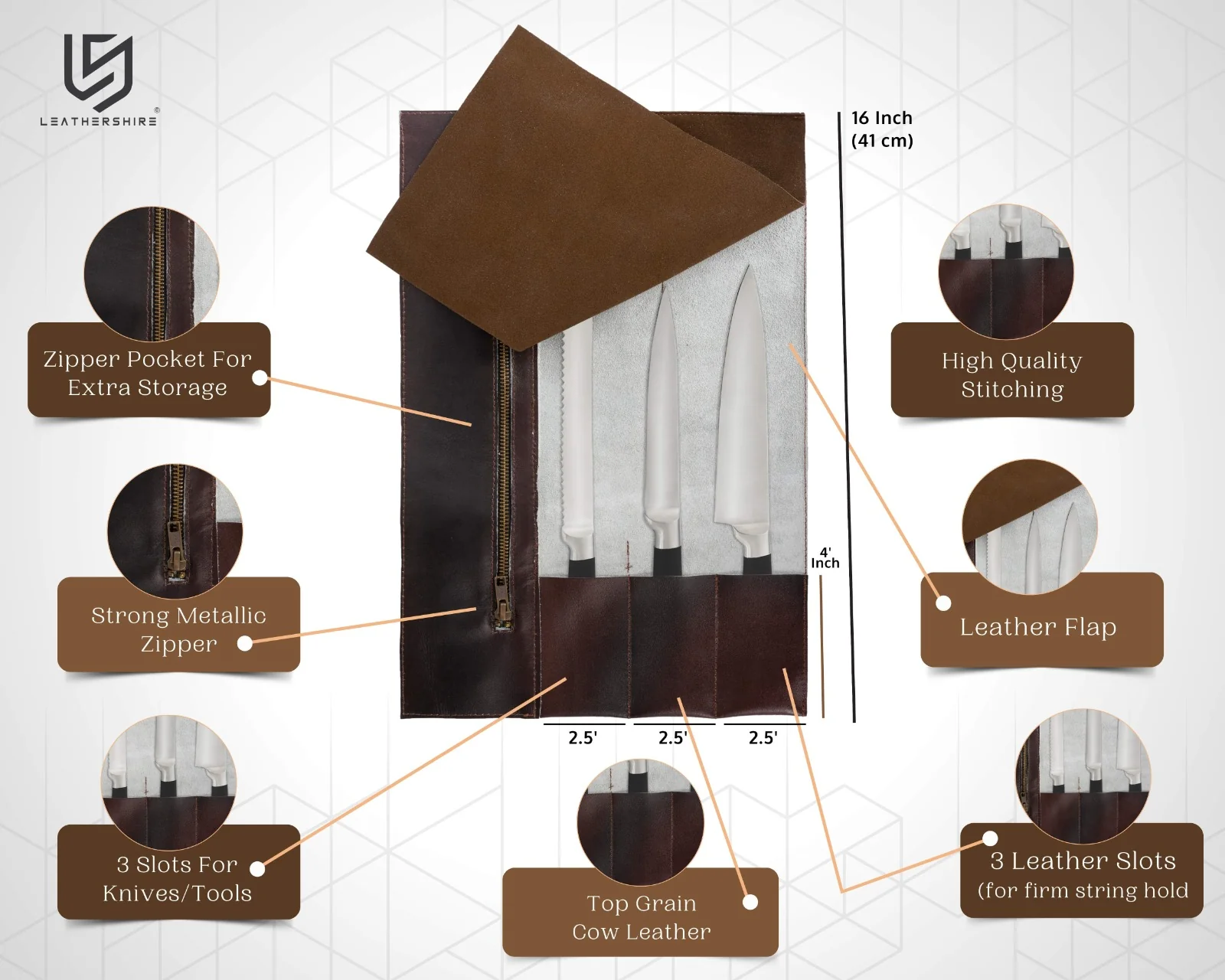 The Warwickshire Handmade Dark Brown Leather Chef Roll - Image 4