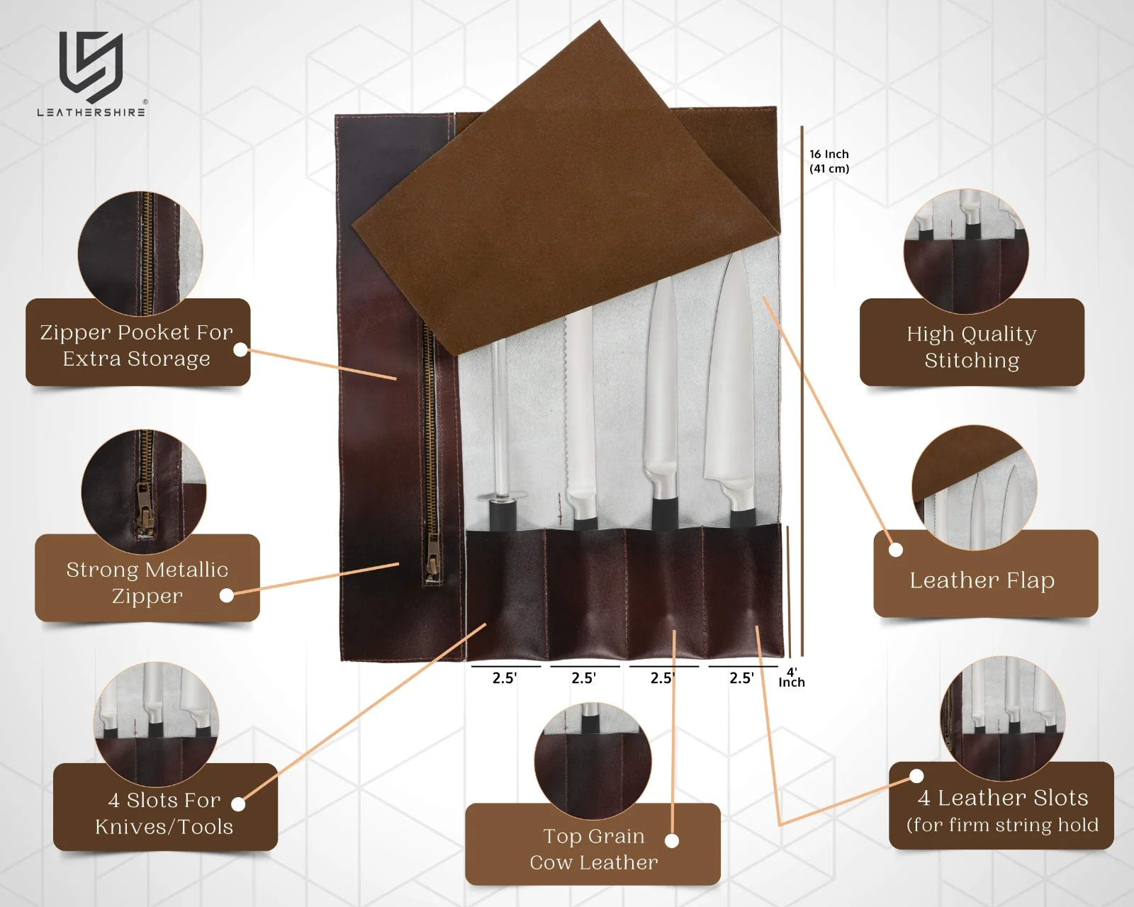 The Warwickshire Handmade Dark Brown Leather Chef Roll - Image 7