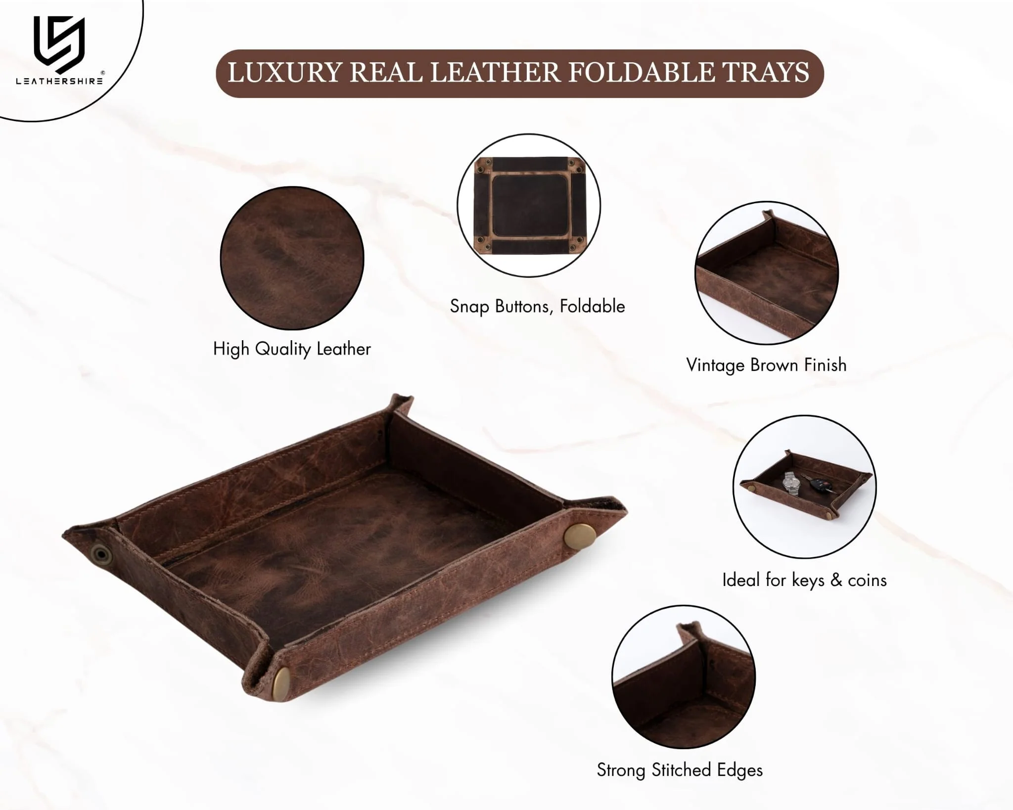 Handmade Full Grain Tan Brown crazy Horse Pull Up leather tray - Image 6