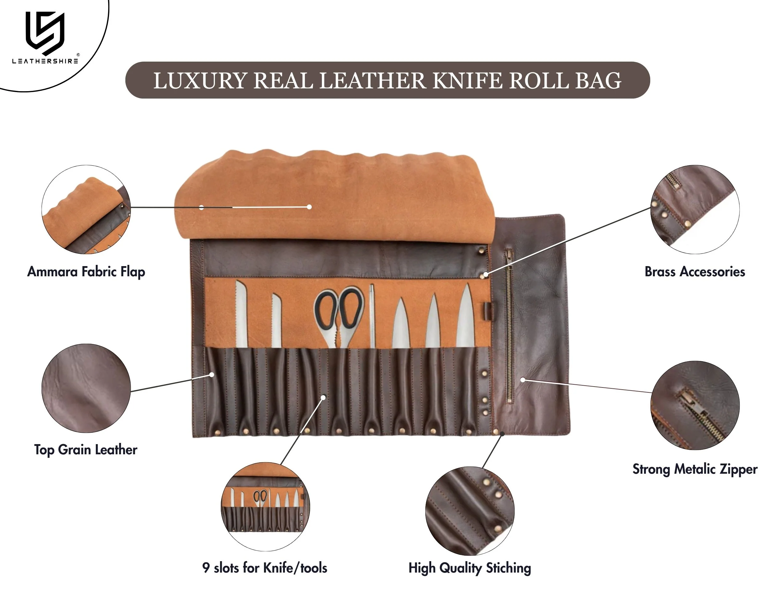 The herefordshire Dark Brown Full Grain 10 Pocket Handmade Leather Knife Roll - Image 8