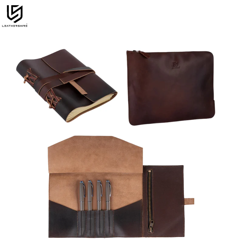 Leather Laptop Sleeve with Leather Journal and Pencil Roll Gift Set - Leather Office Set - Image 14