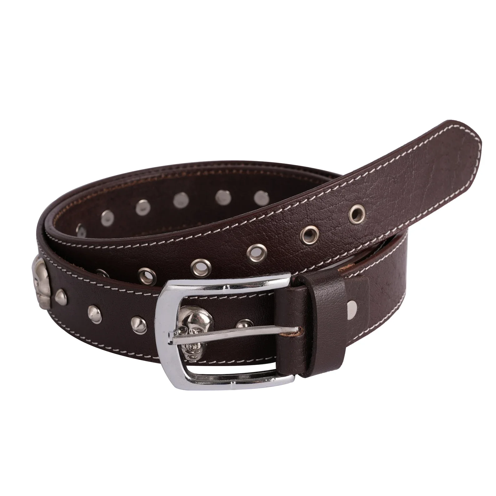 Dark Brown Biker Skull and Pyramid stud Handmade leather belt
