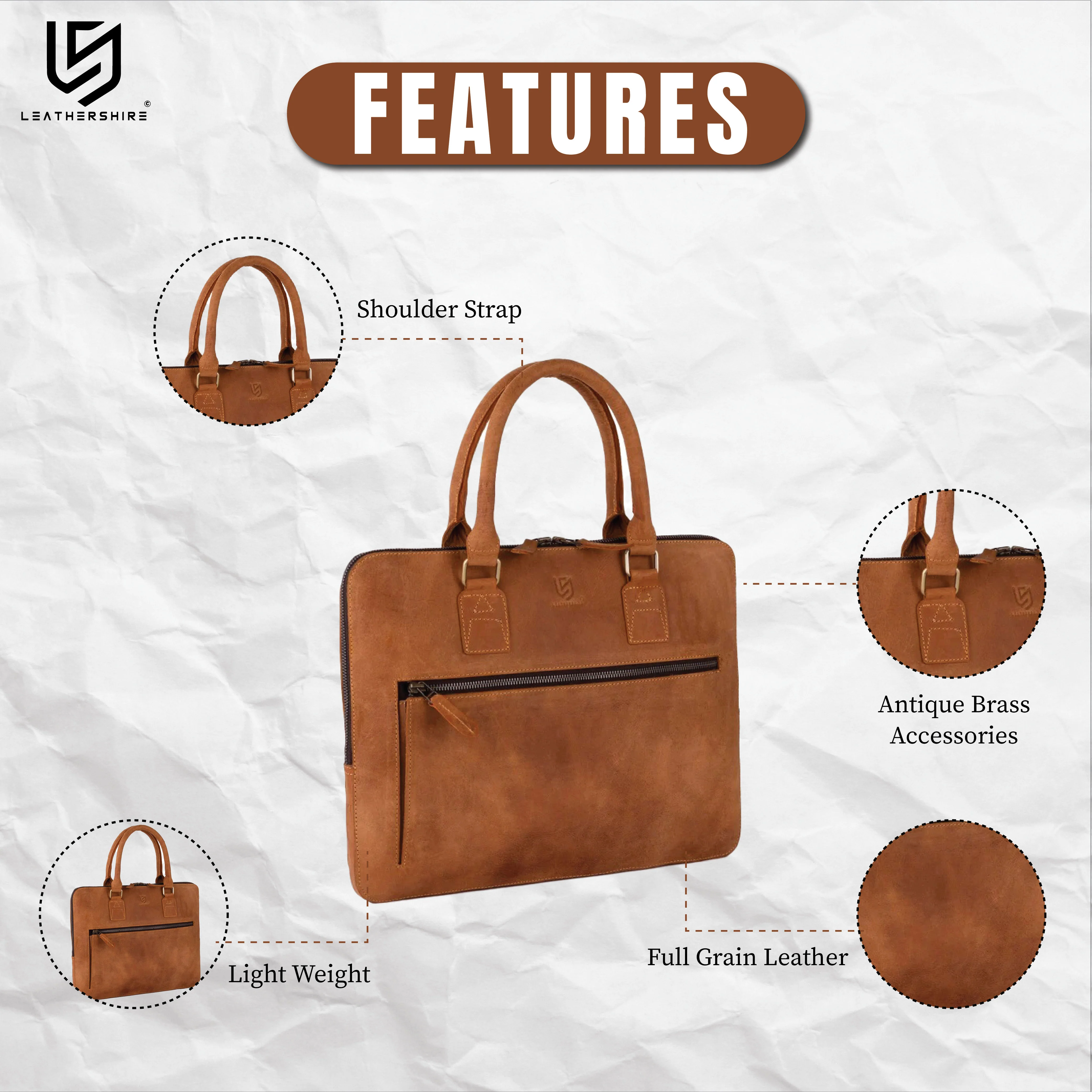 The Herefordshire Full grain Tan Brown Leather Laptop Sleeve - Image 3