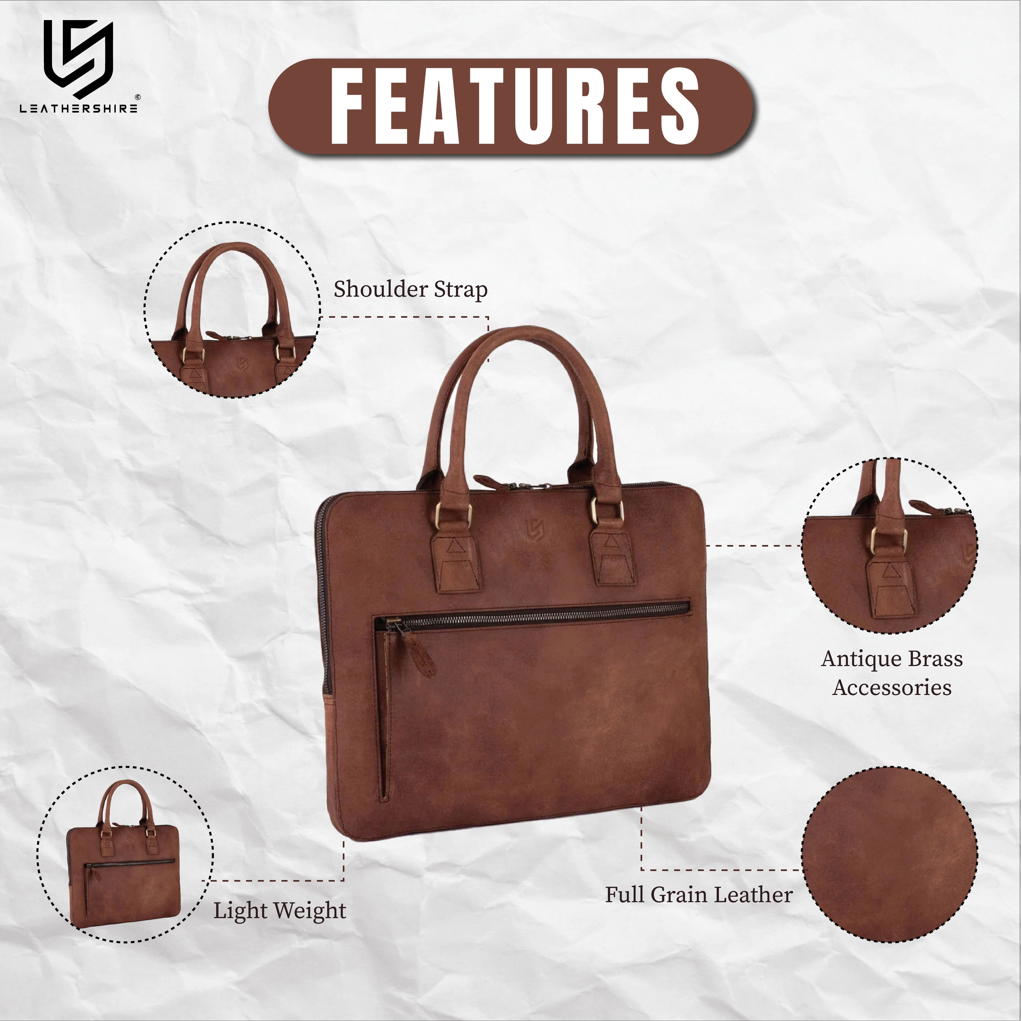 The Northamptonshire Full grain Crazy Horse Brown Leather Laptop Sleeve Bag - Image 3