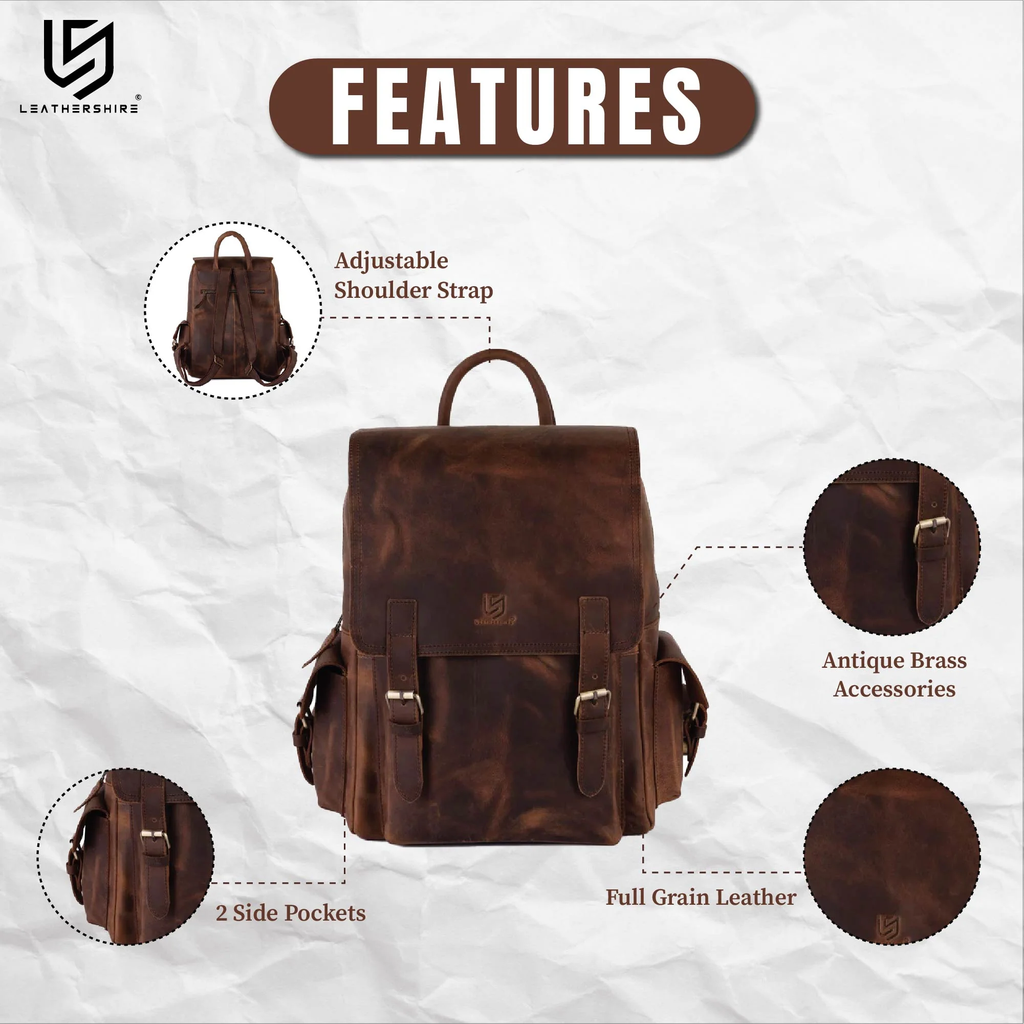 The Surrey Brown Vintage Style Handmade Backpack - Image 3