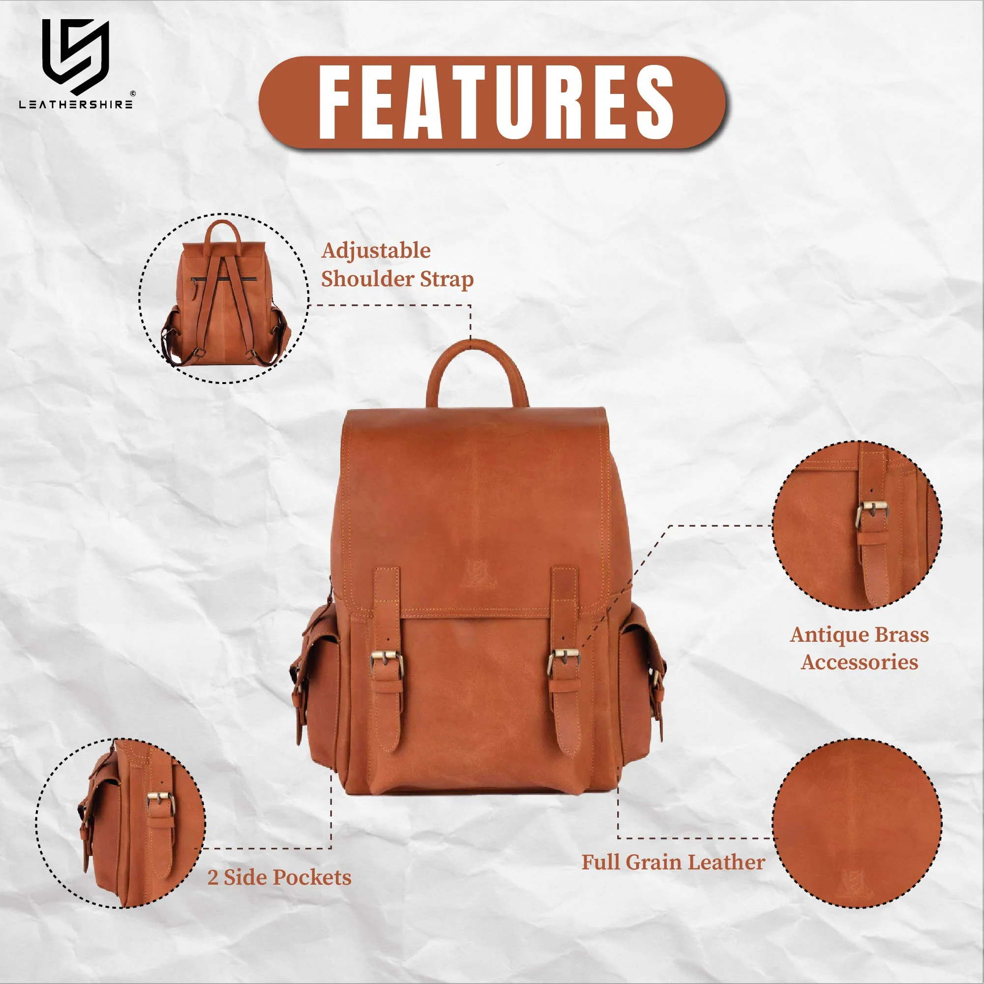 The Lancashire Tan Brown Leather Handmade Backpack - Image 3